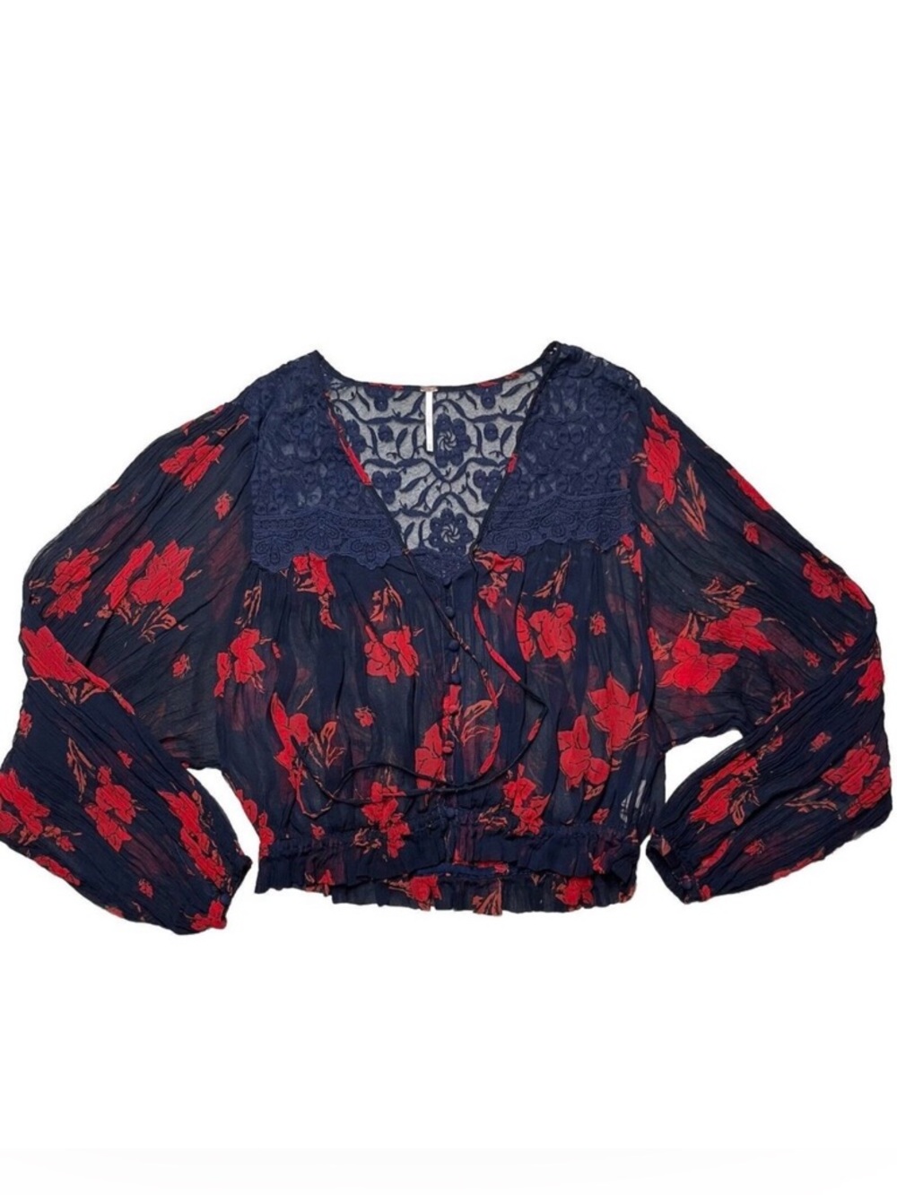 Free People Navy Blouse with Red Floral Print and Lace details size S